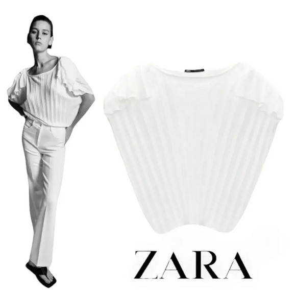 ZARA | White | DROP SLEEVE PLEATED BLOUSE - Picture 1 of 7